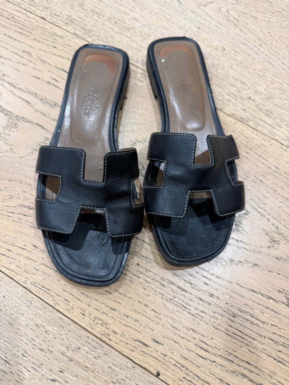 Black Leather Slide Sandals by Hermes (Oran)